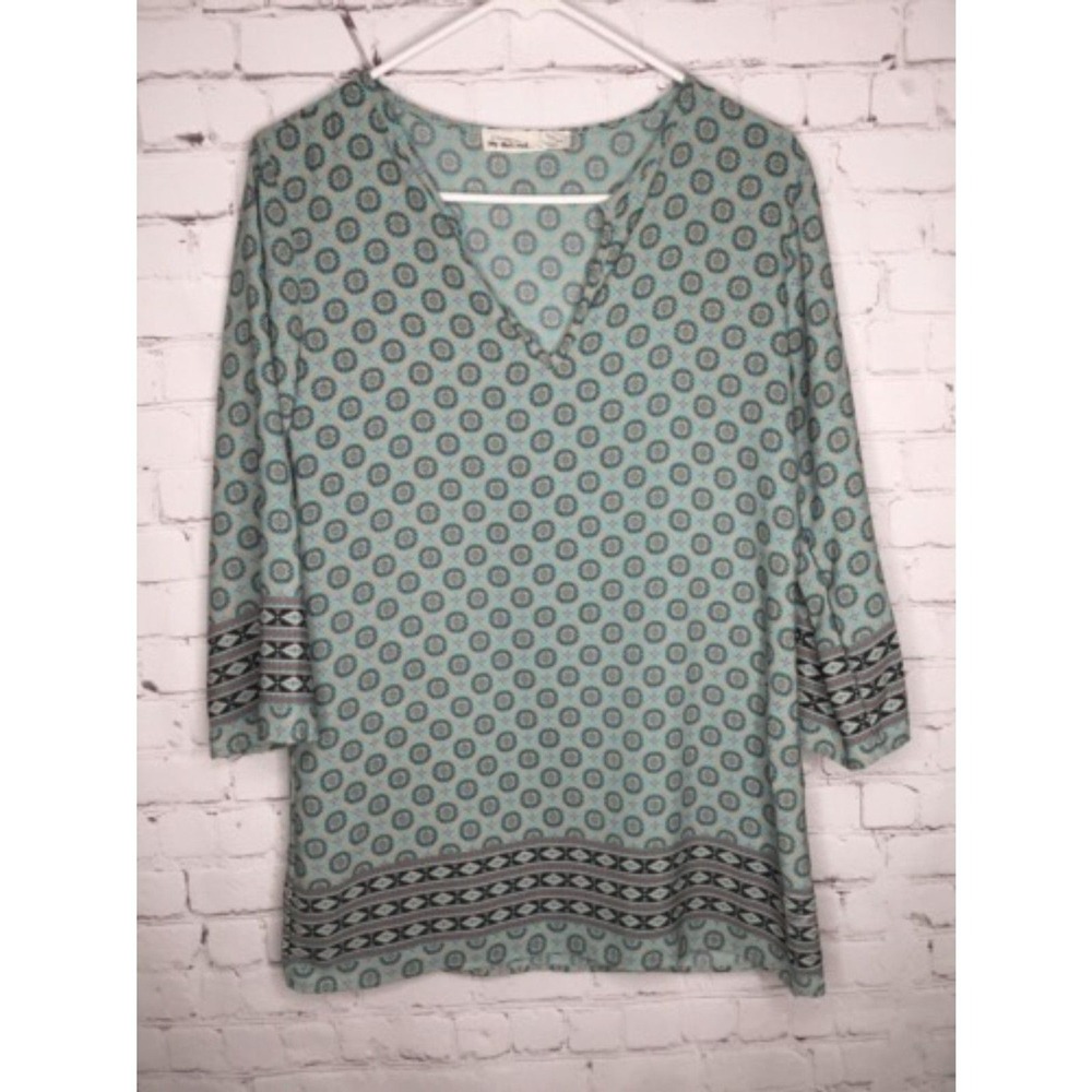 Anthropologie My Beloved Green Boho‎ 3/4 Sleeve V-Neck Tunic Blouse Women S USA